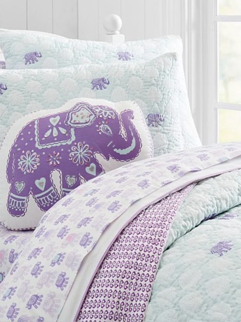 Pottery Barn Kids Stella Elephant Full Queen Quilt 2 Shams 2 Pillowcases 5 Pc